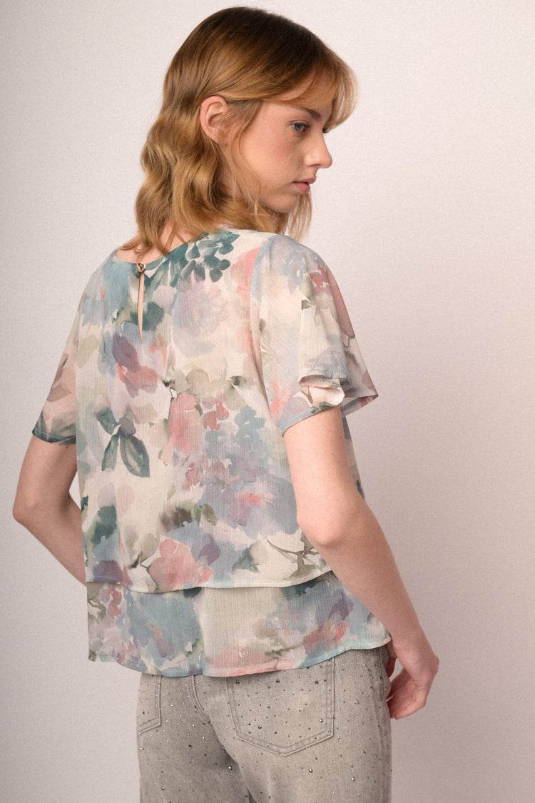 Multicolor watercolor-effect floral print chiffon top
