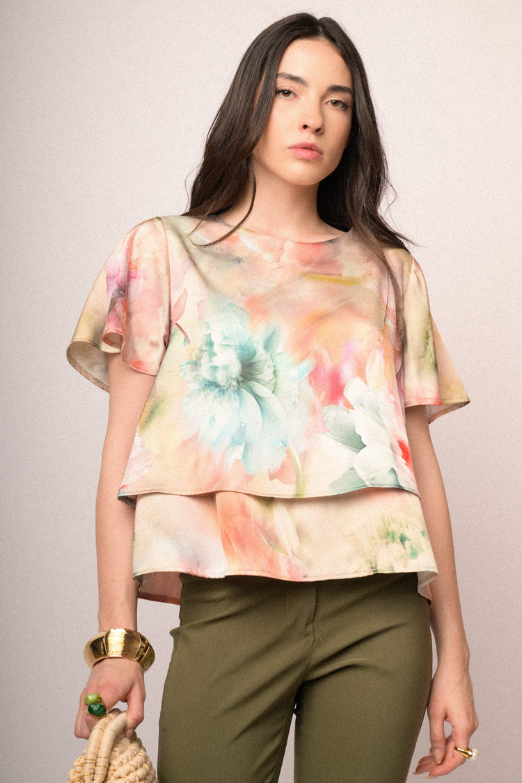 Multicolor floral print satin double t-shirt