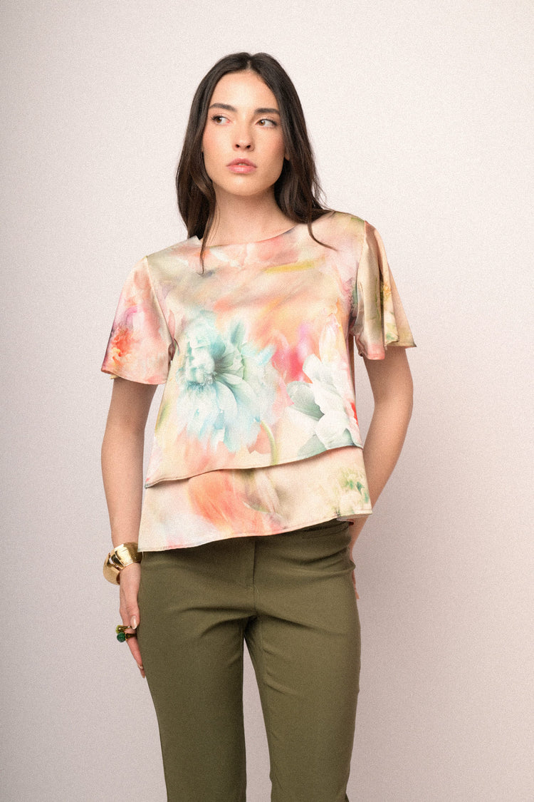 Multicolor floral print satin double t-shirt
