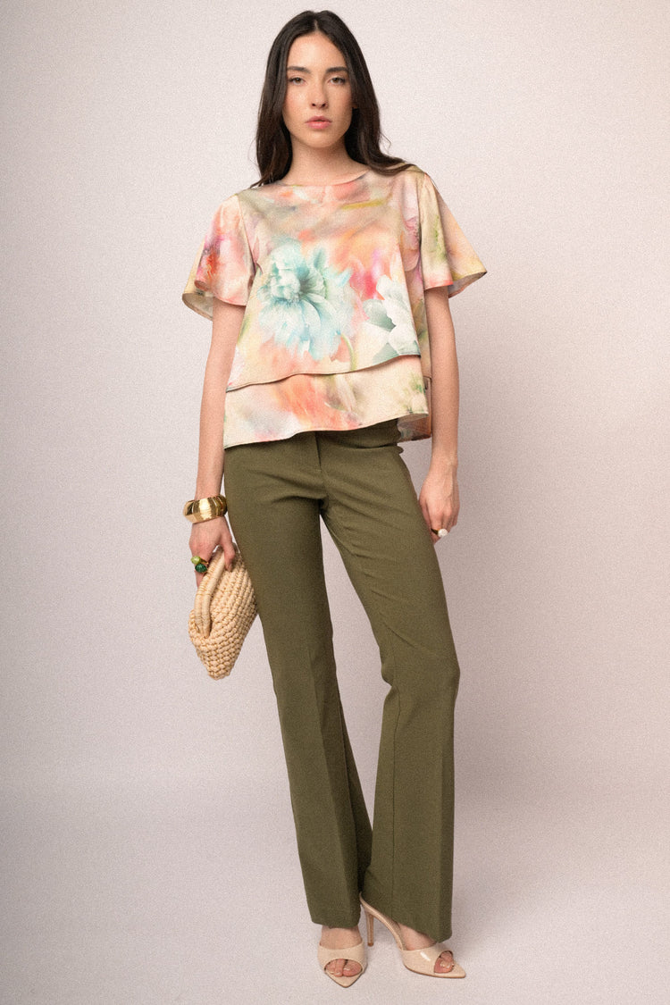 Multicolor floral print satin double t-shirt