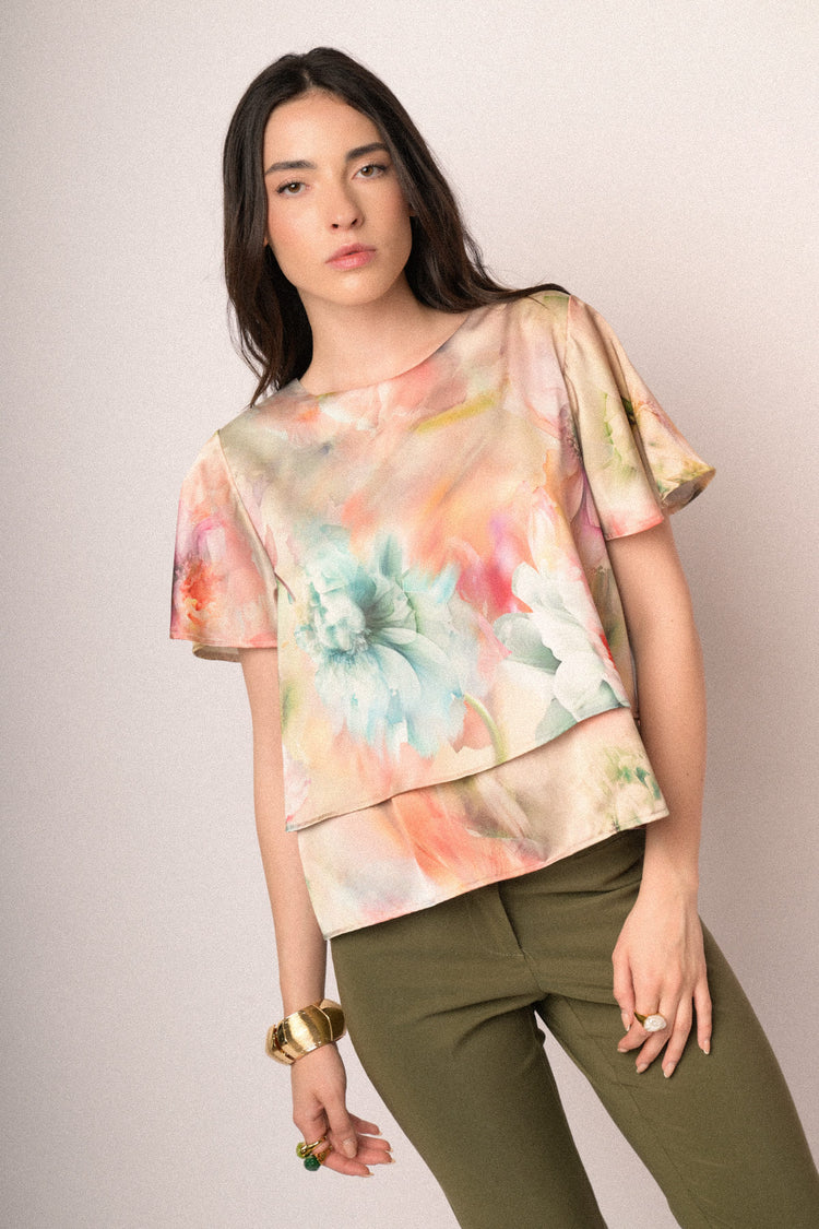 Multicolor floral print satin double t-shirt