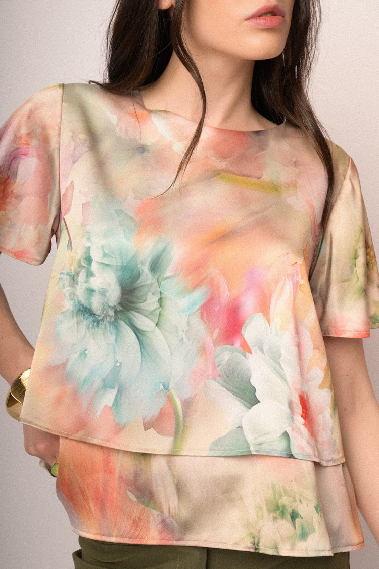 Multicolor floral print satin double t-shirt