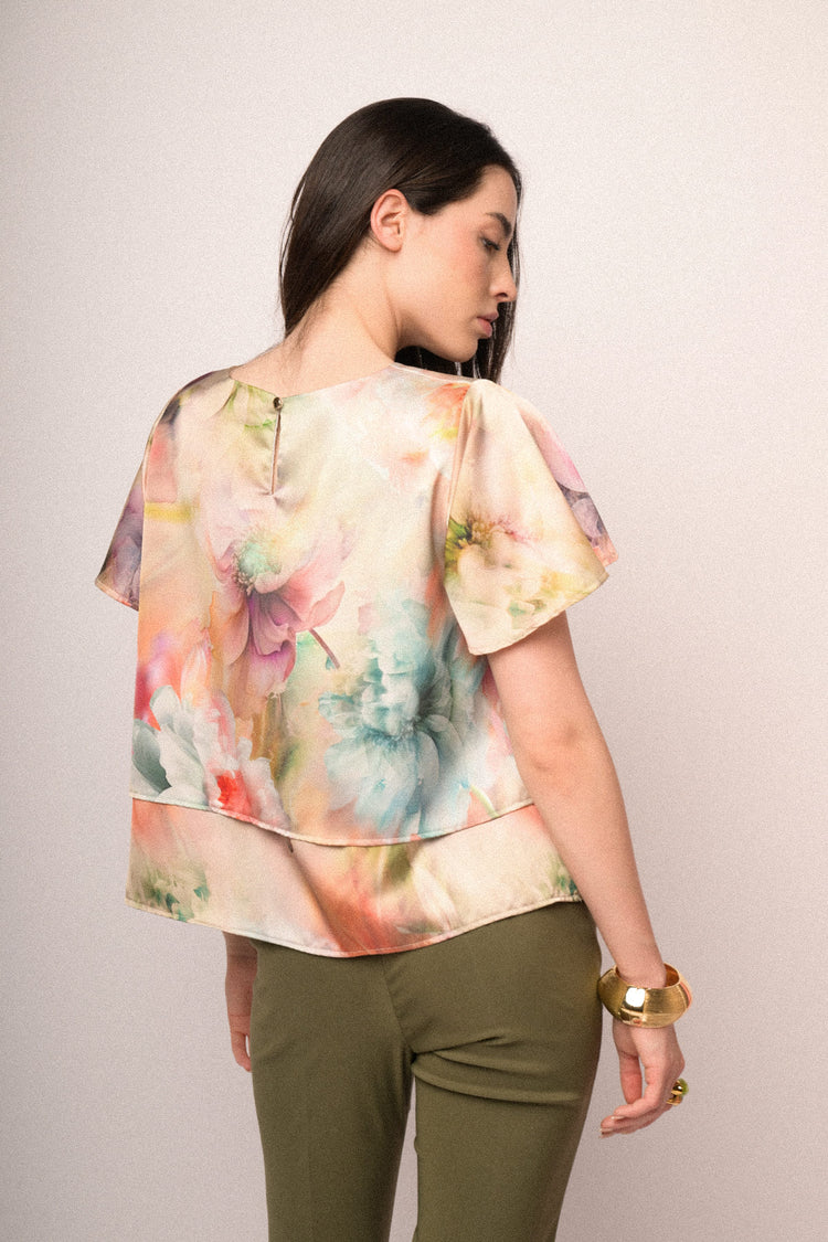 Multicolor floral print satin double t-shirt