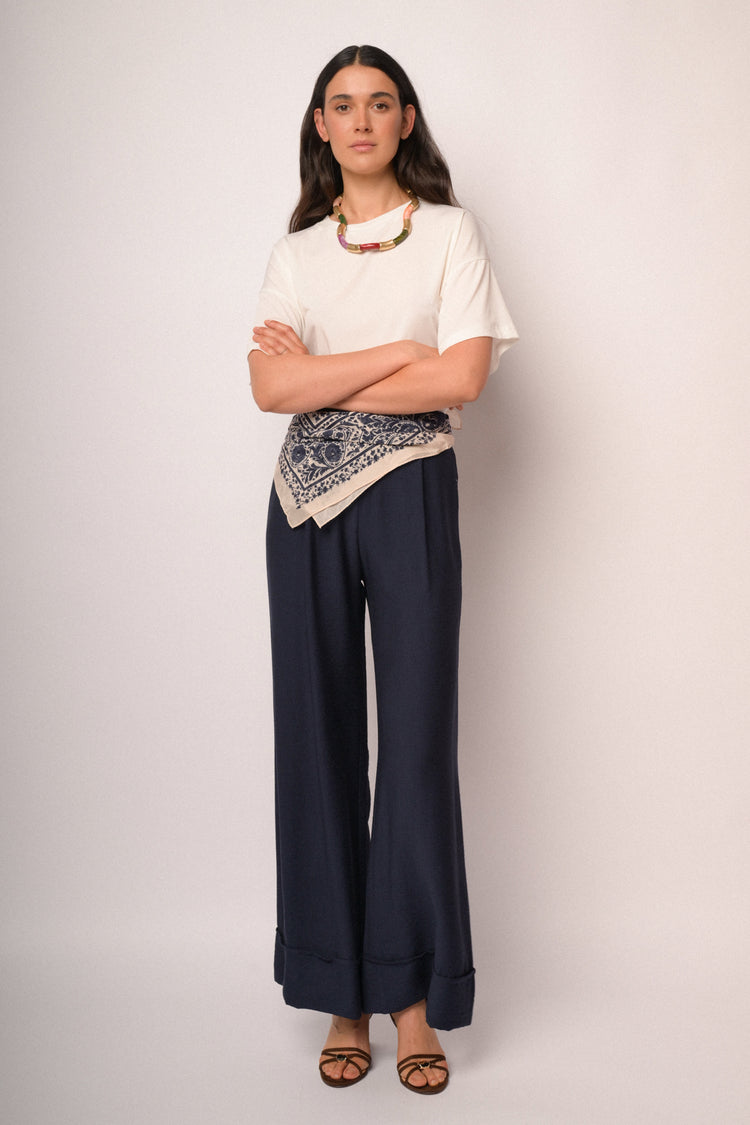 Blue palazzo trousers with turn-up hem