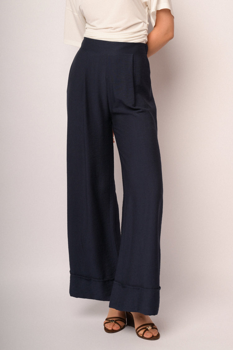 Blue palazzo trousers with turn-up hem