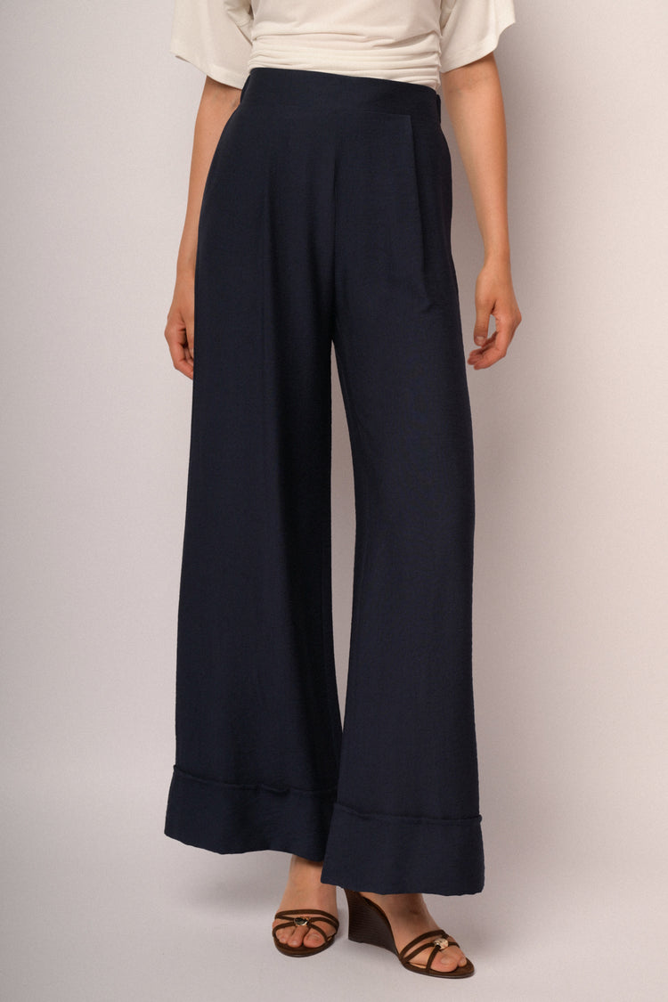 Blue palazzo trousers with turn-up hem