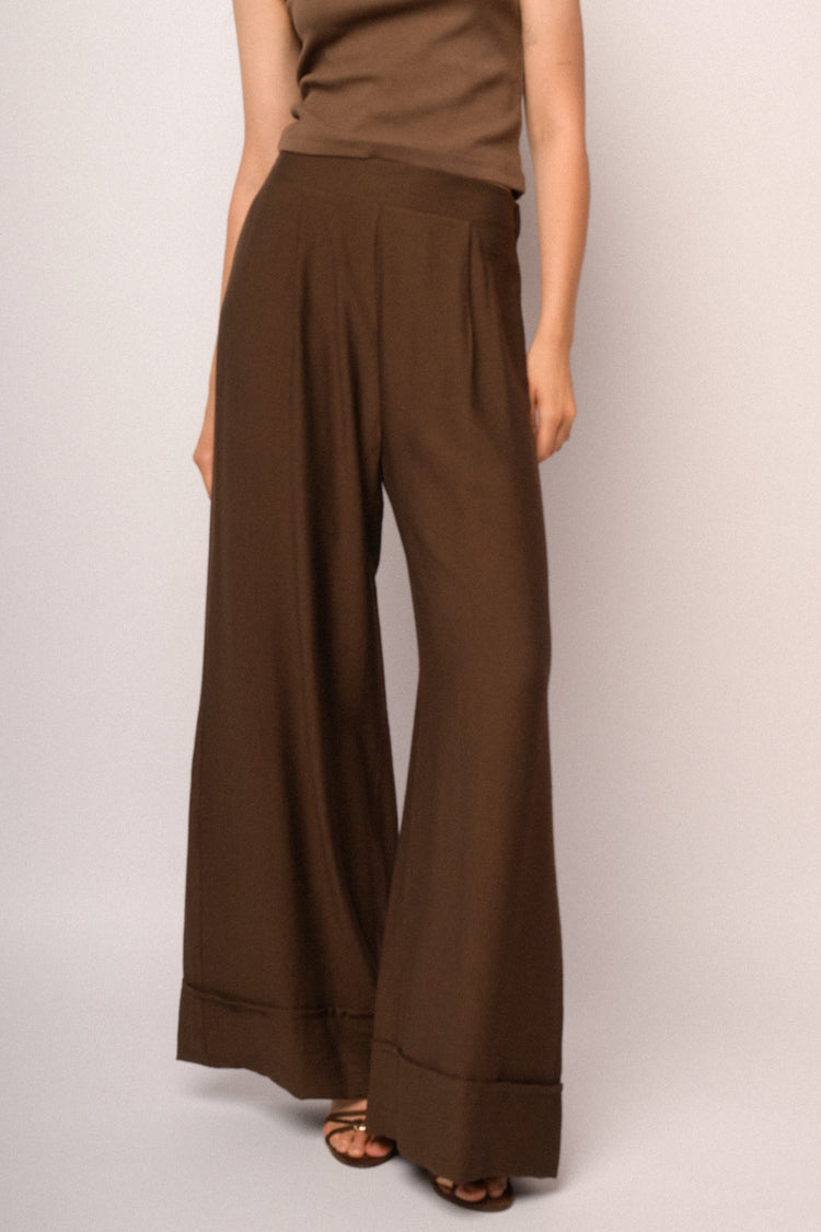 Brown palazzo trousers with turn-up hem