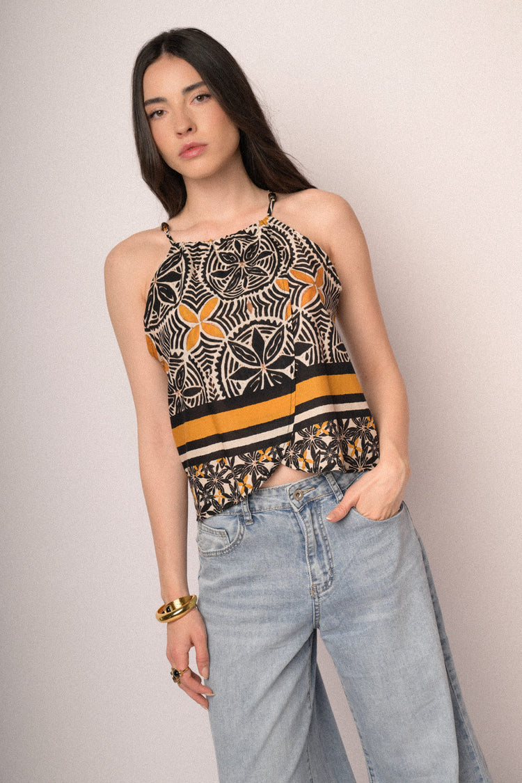 Multicolor ethnic print cotton halter top