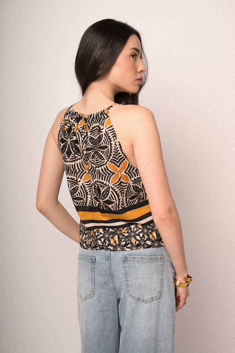 Multicolor ethnic print cotton halter top