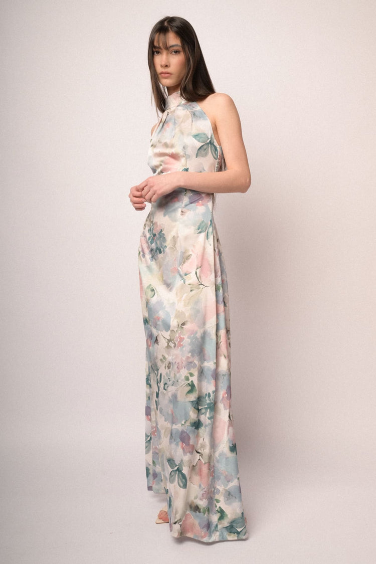 Multicolor watercolor-effect floral print satin long dress