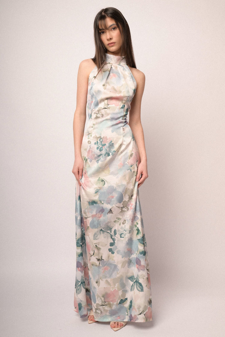 Multicolor watercolor-effect floral print satin long dress