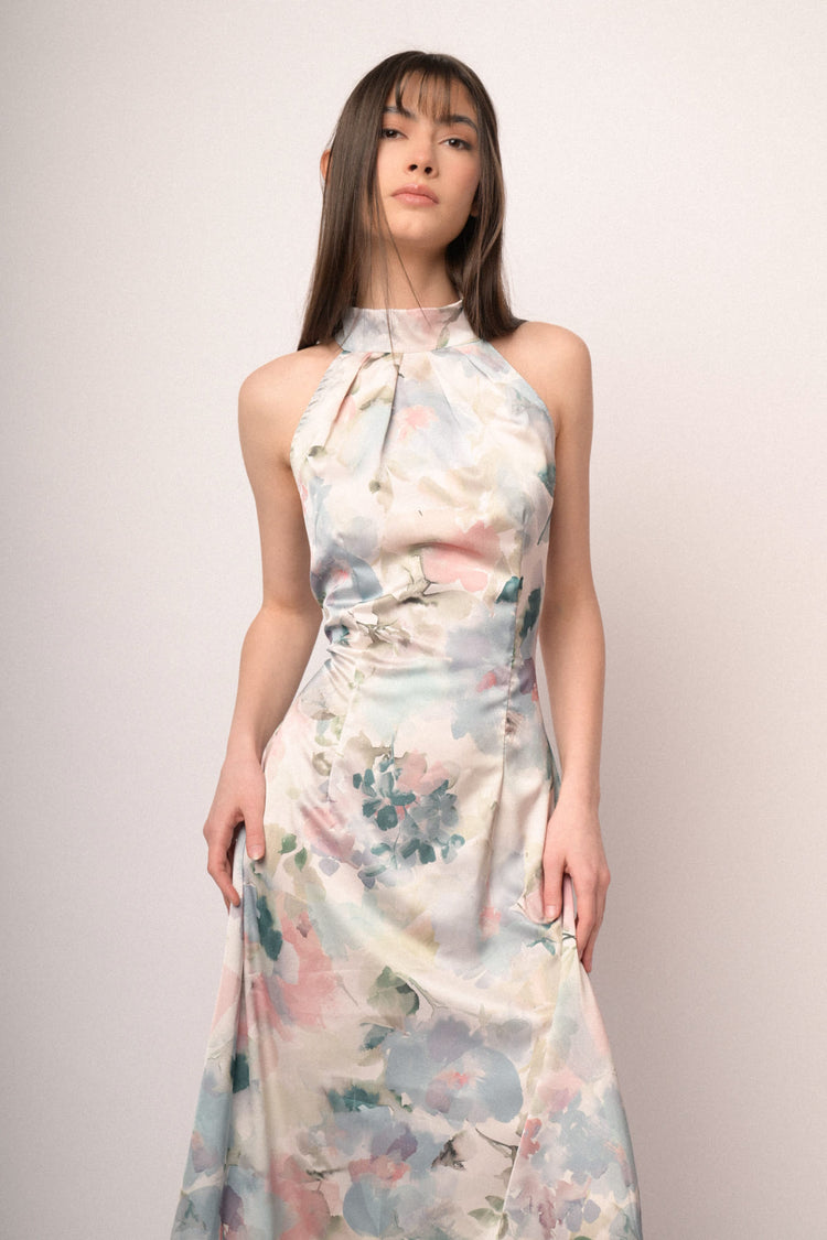 Multicolor watercolor-effect floral print satin long dress