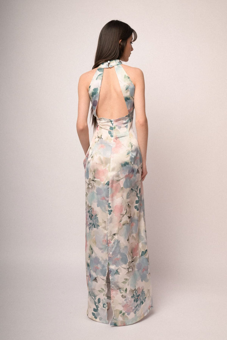 Multicolor watercolor-effect floral print satin long dress