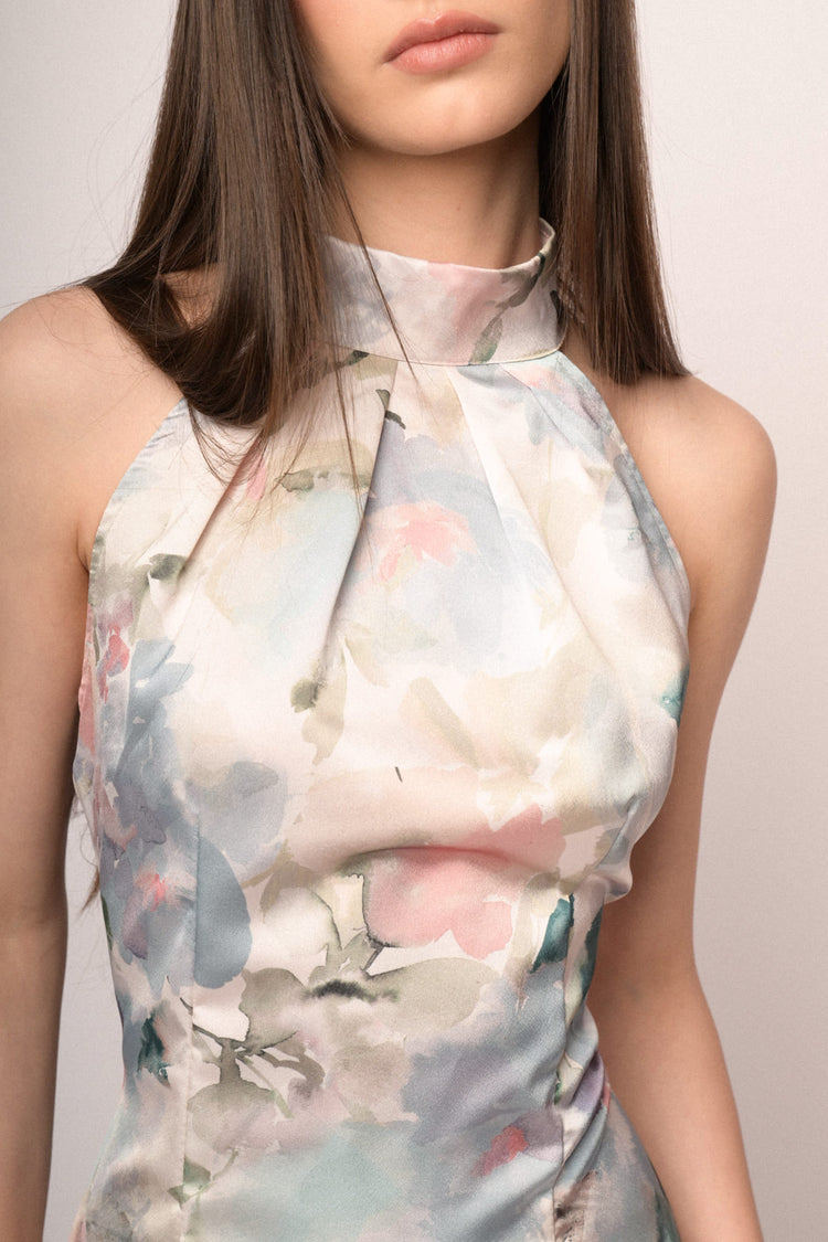 Multicolor watercolor-effect floral print satin long dress