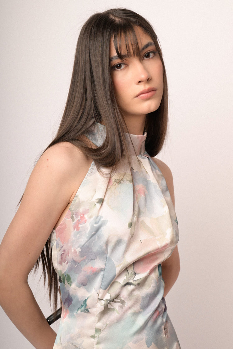 Multicolor watercolor-effect floral print satin long dress