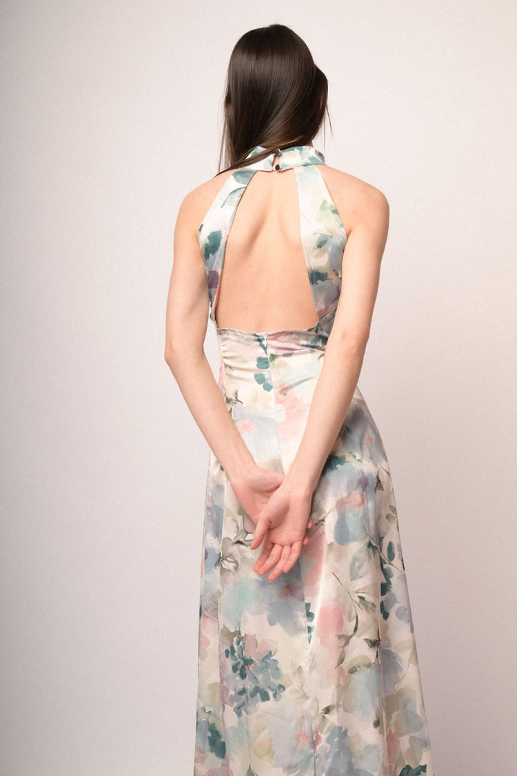Multicolor watercolor-effect floral print satin long dress