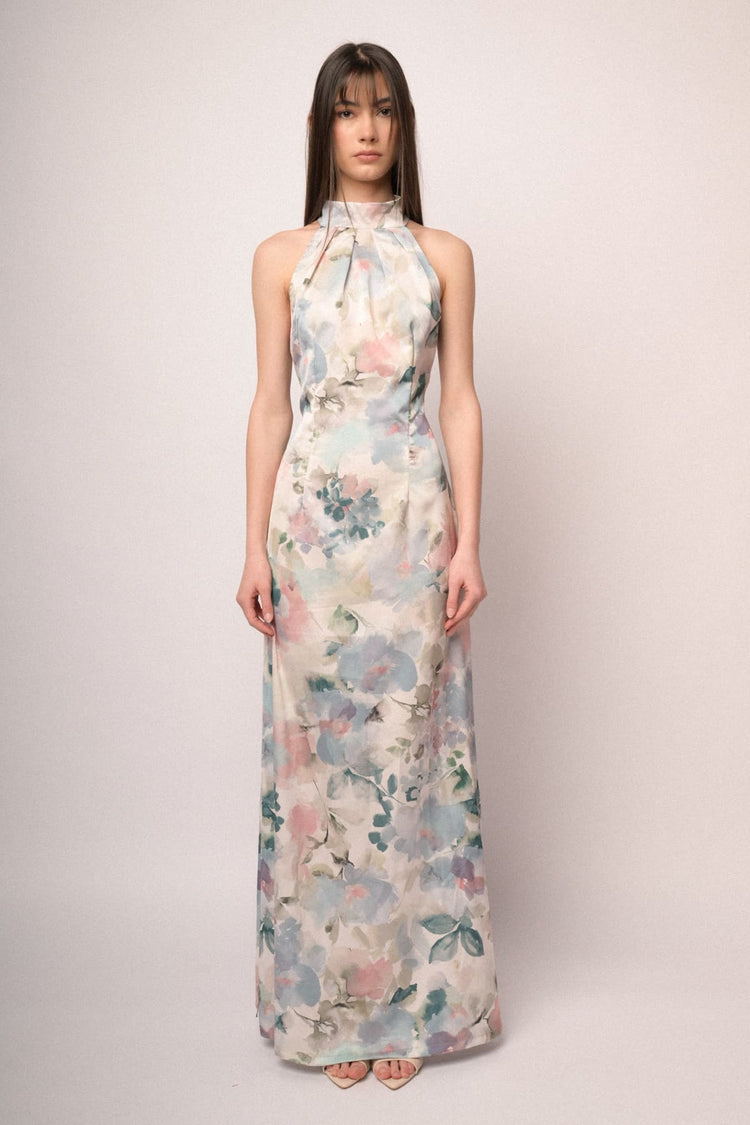 Multicolor watercolor-effect floral print satin long dress