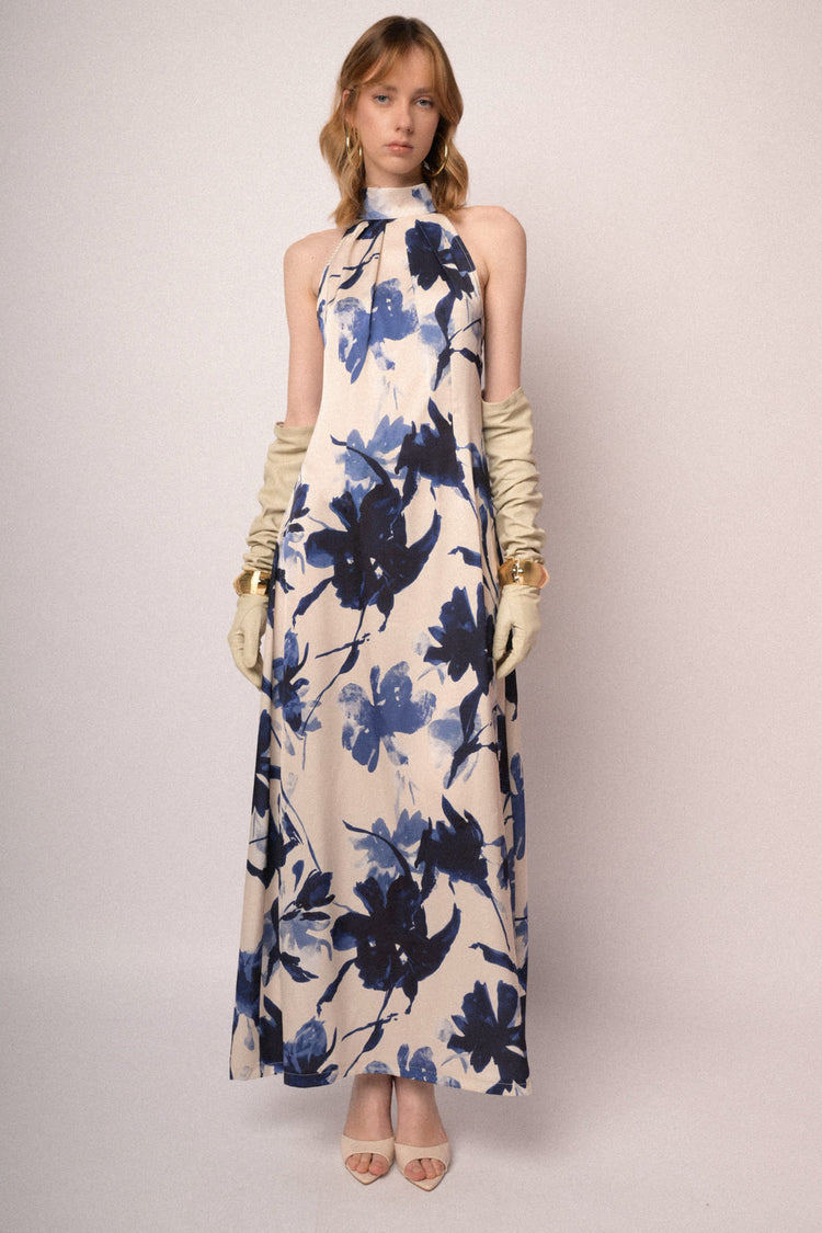 Multicolor floral print satin halter maxi dress
