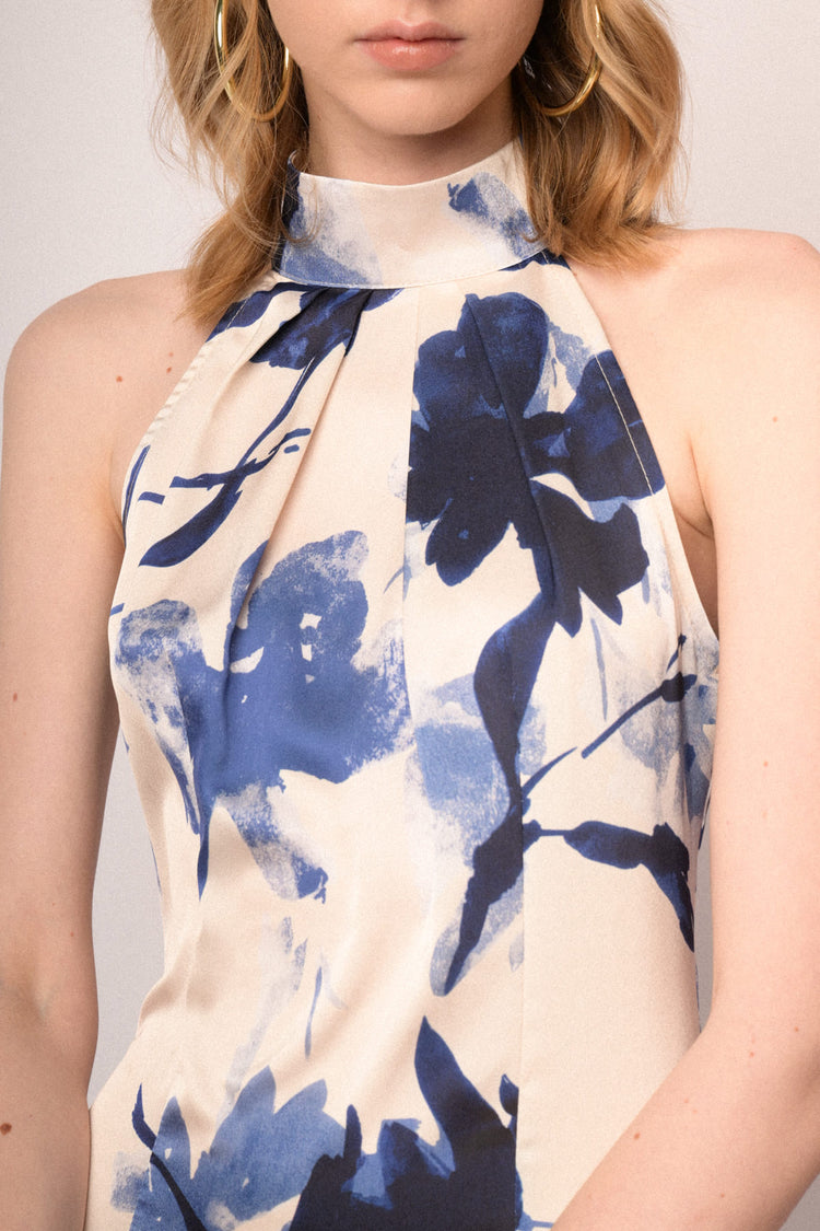 Multicolor floral print satin halter maxi dress