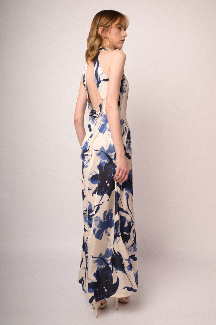 Multicolor floral print satin halter maxi dress