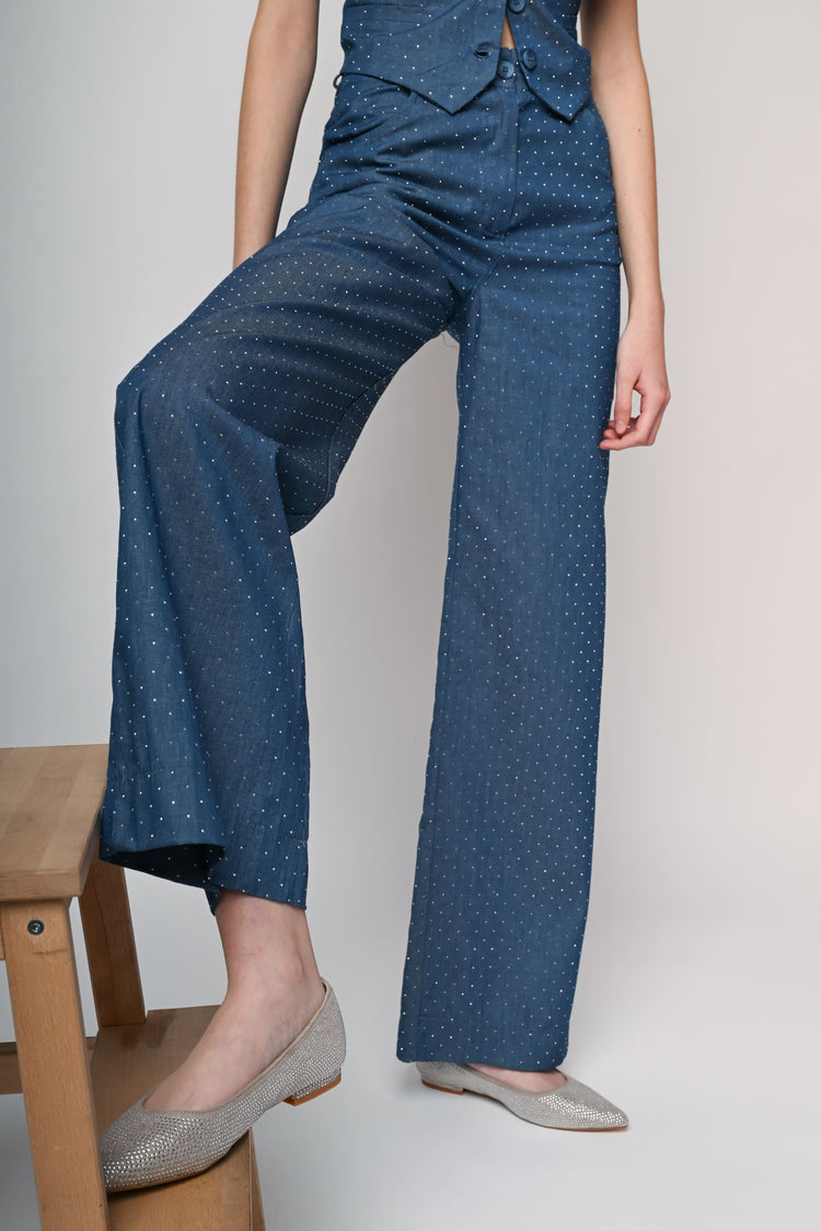 Rhinestones denim wide-leg trousers