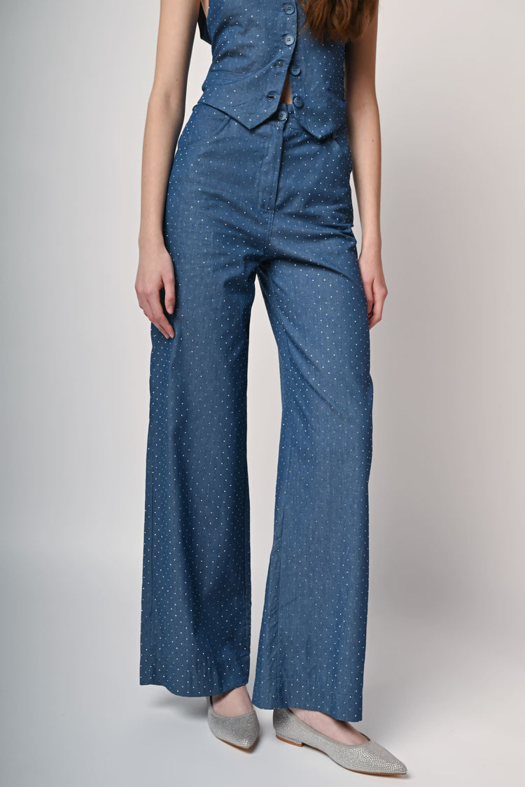 Rhinestones denim wide-leg trousers