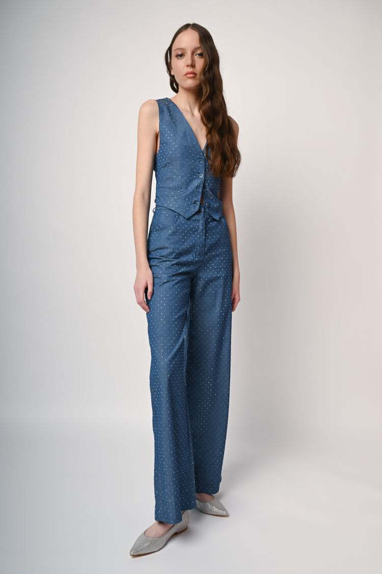 Rhinestones denim wide-leg trousers