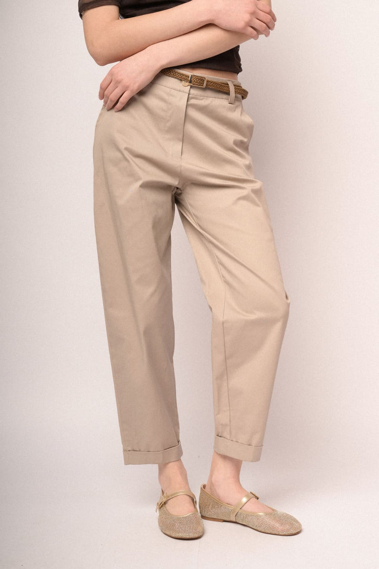 Woven belt beige cotton chinos