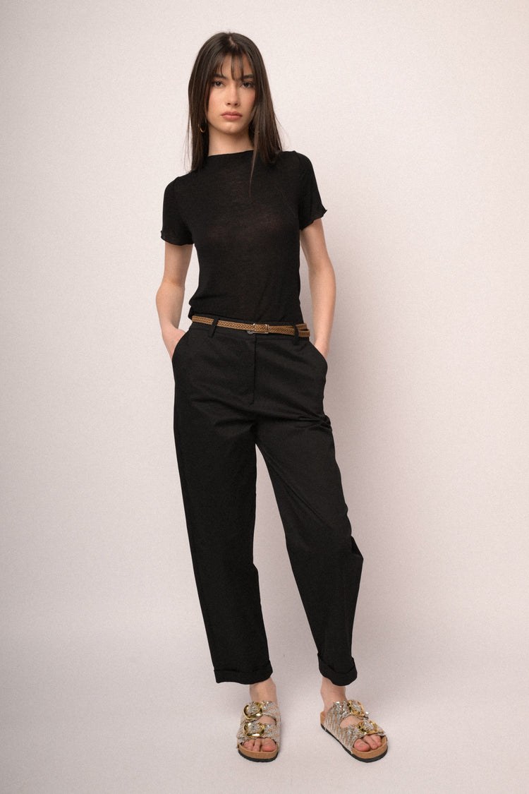 Woven belt black cotton chinos