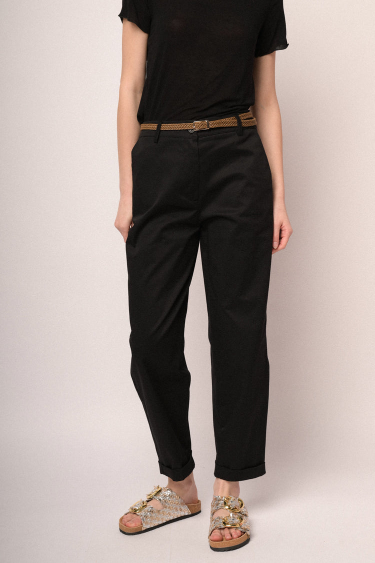 Woven belt black cotton chinos