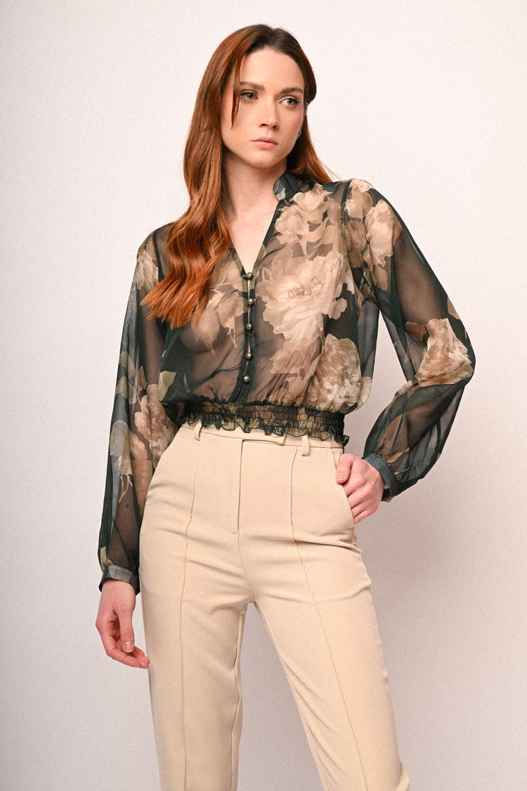 Floral print tulle blouse