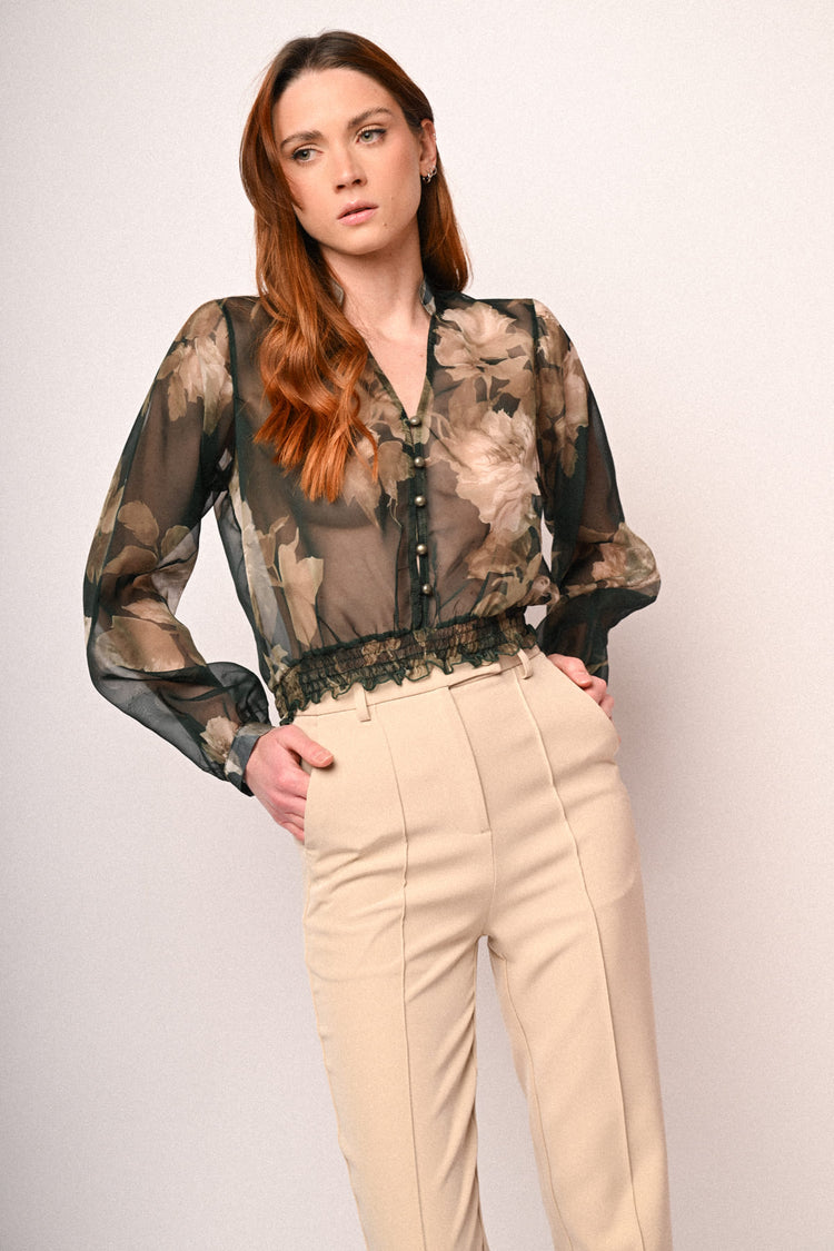 Floral print tulle blouse