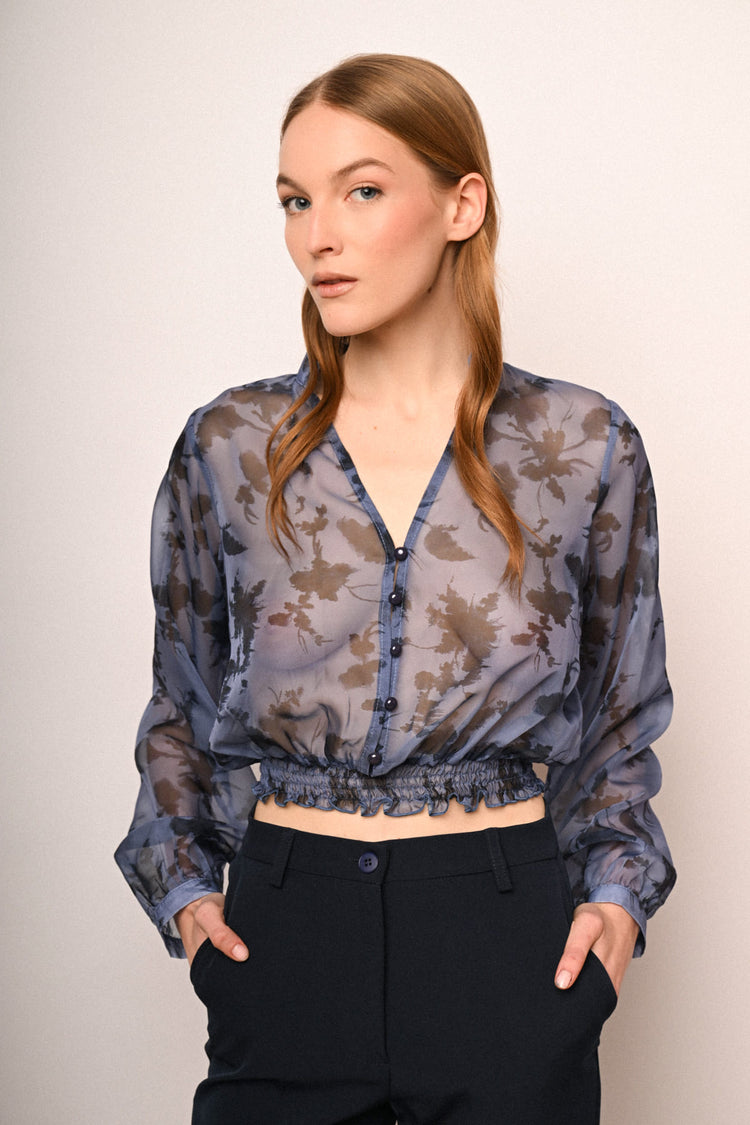 Floral print tulle cropped shirt