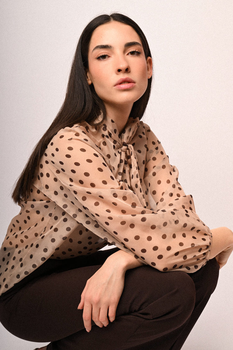 Polka dot print pussy-bow-neck blouse
