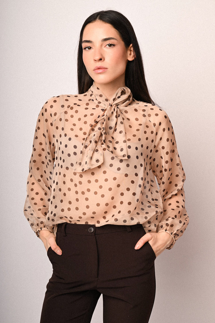 Polka dot print pussy-bow-neck blouse