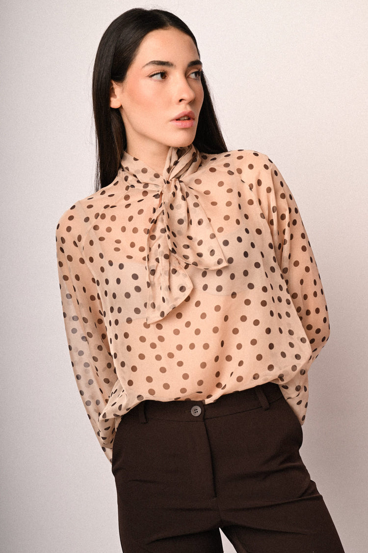 Polka dot print pussy-bow-neck blouse
