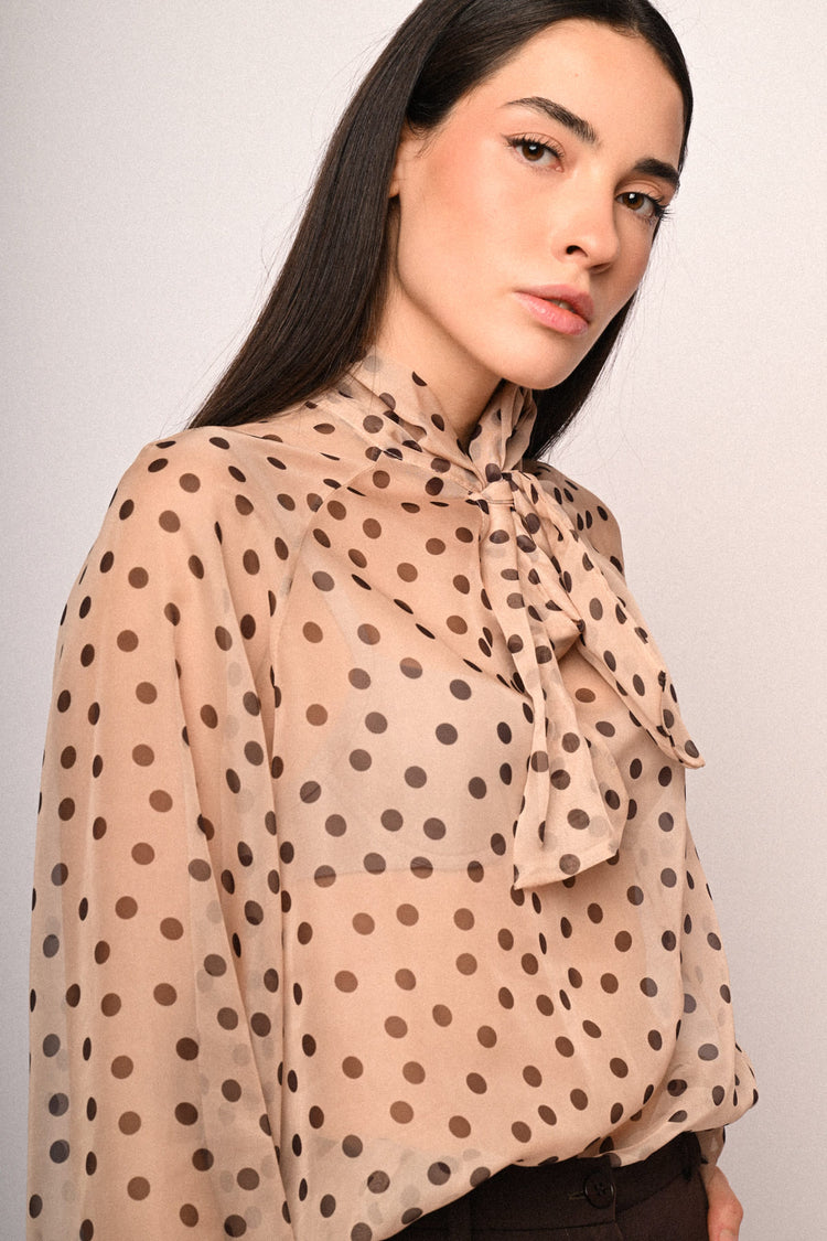 Polka dot print pussy-bow-neck blouse