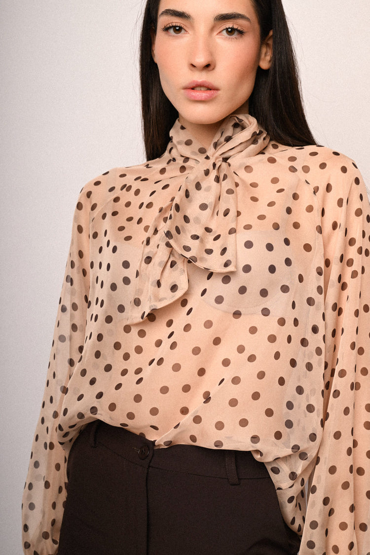 Polka dot print pussy-bow-neck blouse
