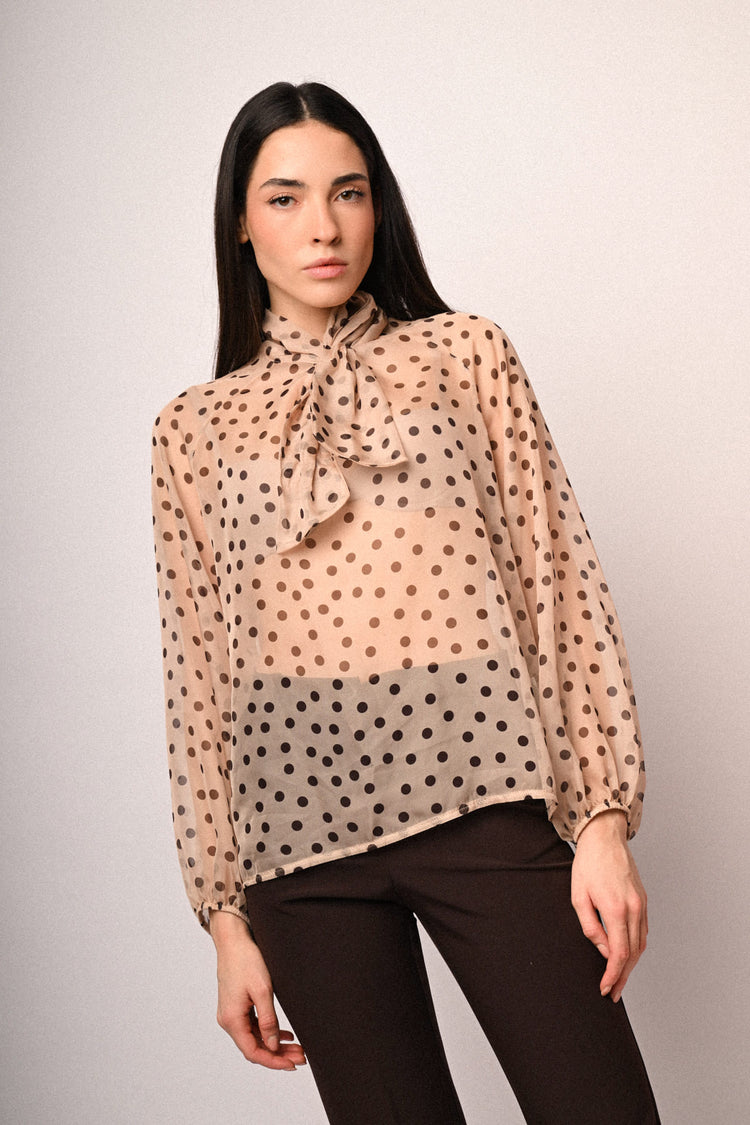 Polka dot print pussy-bow-neck blouse