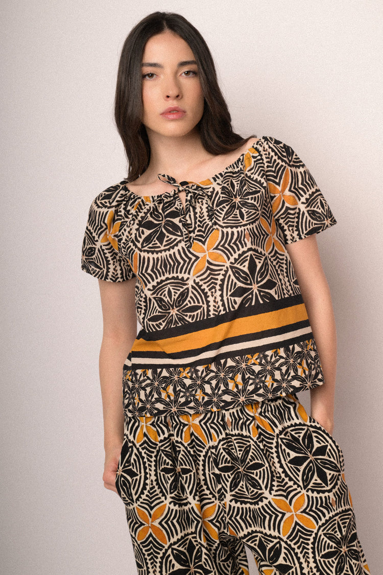 Multicolor ethnic print cotton blouse