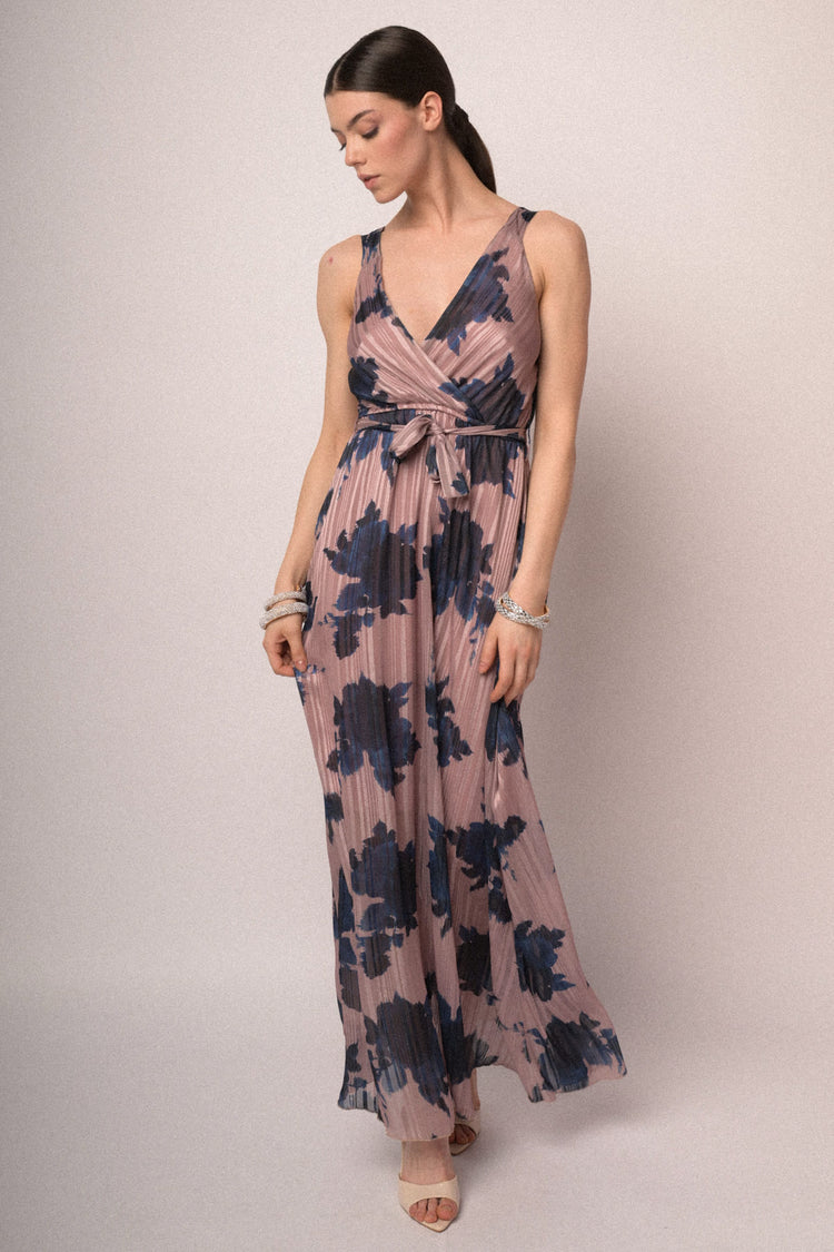 Pink floral print lurex georgette belted long dress