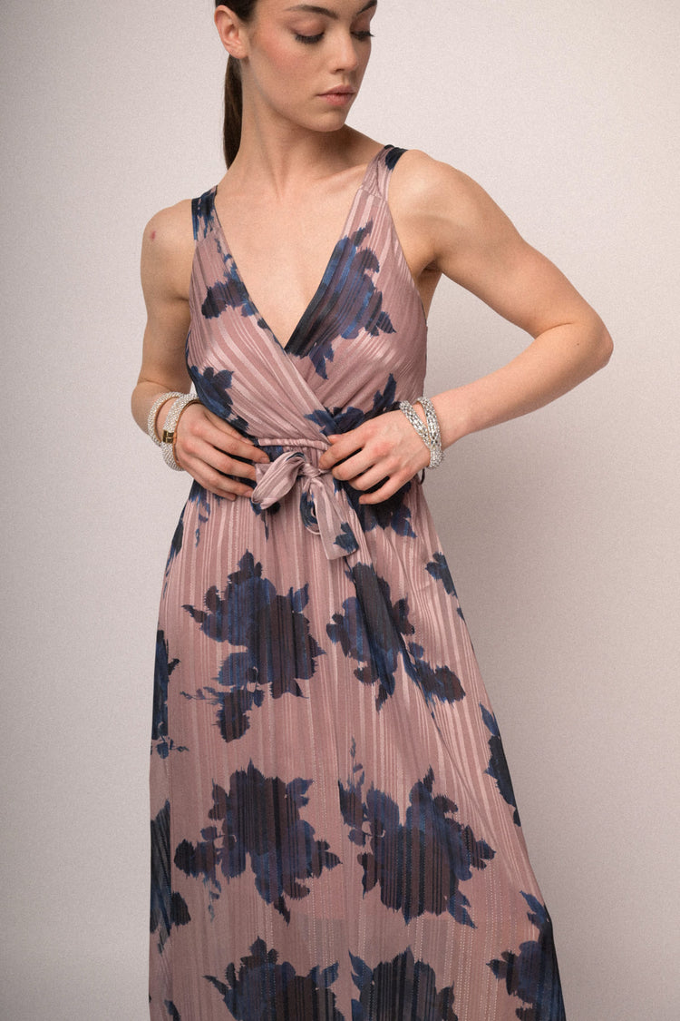 Pink floral print lurex georgette belted long dress