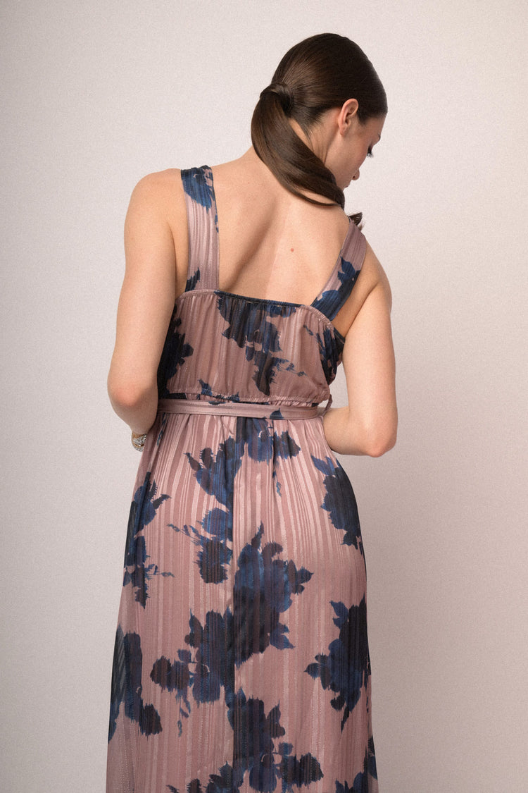 Pink floral print lurex georgette belted long dress