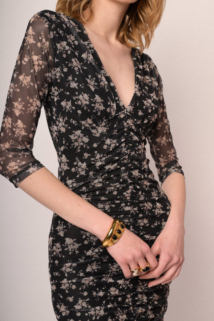 Black floral print gathered tulle sheath mini dress