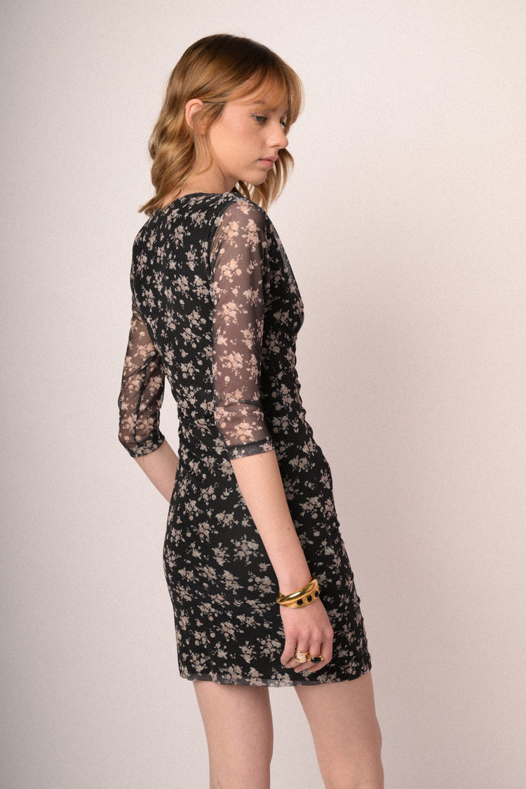 Black floral print gathered tulle sheath mini dress