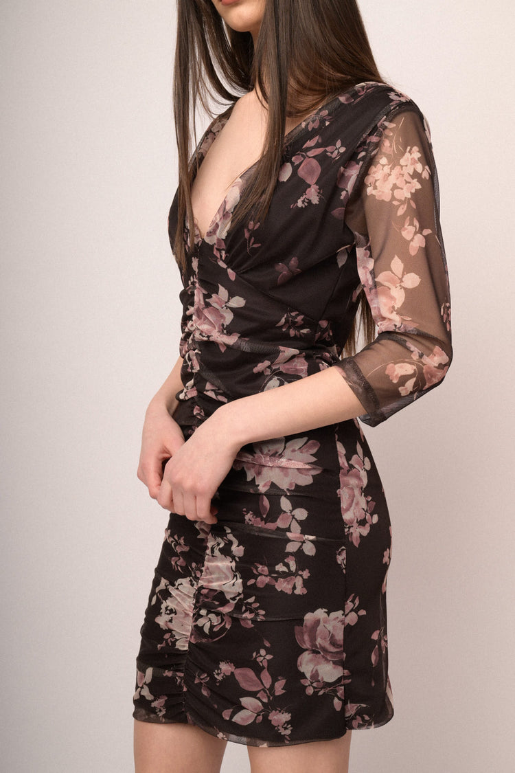 Floral print chocolate tulle mini dress