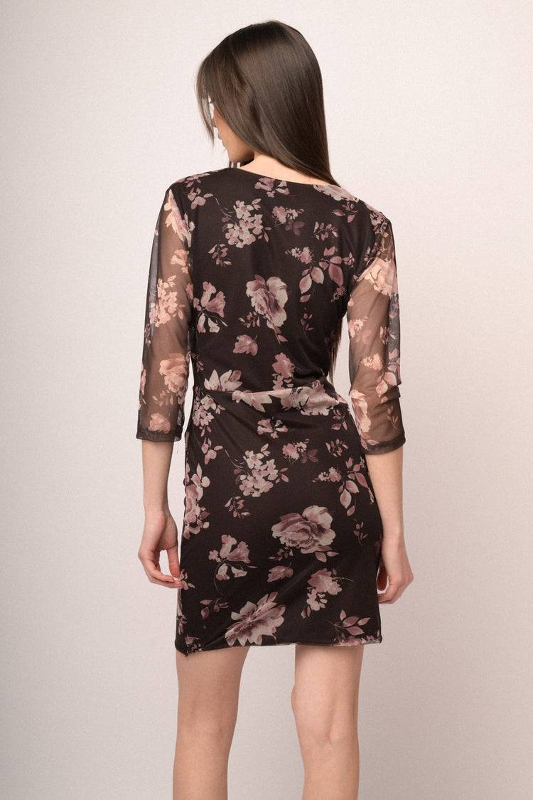 Floral print chocolate tulle mini dress