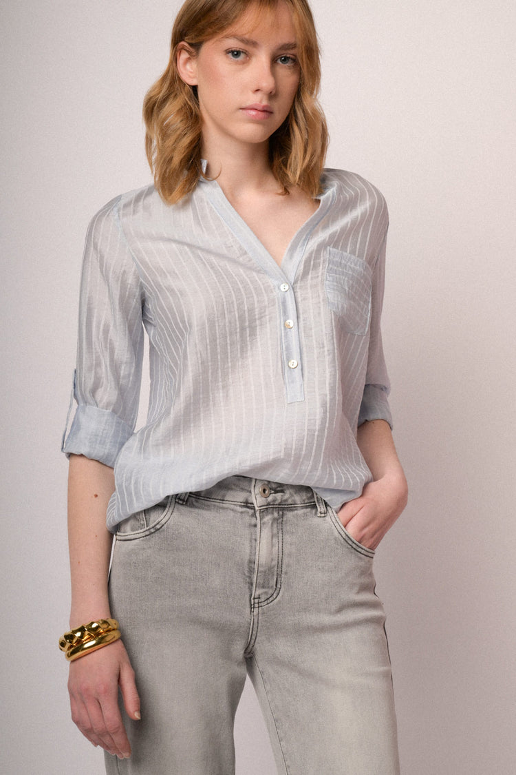 Sky blue striped lyocell-blend blouse