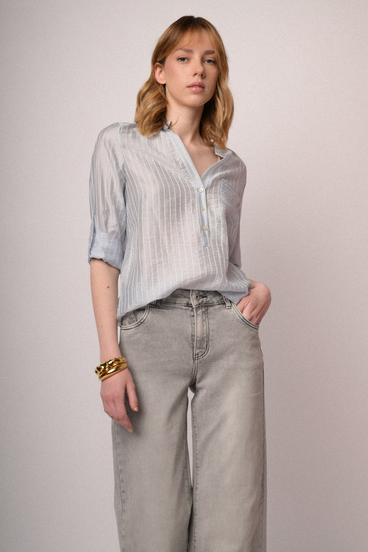 Sky blue striped lyocell-blend blouse