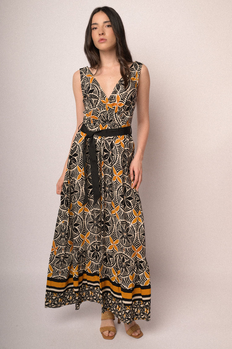Black long dress with ethnic motif